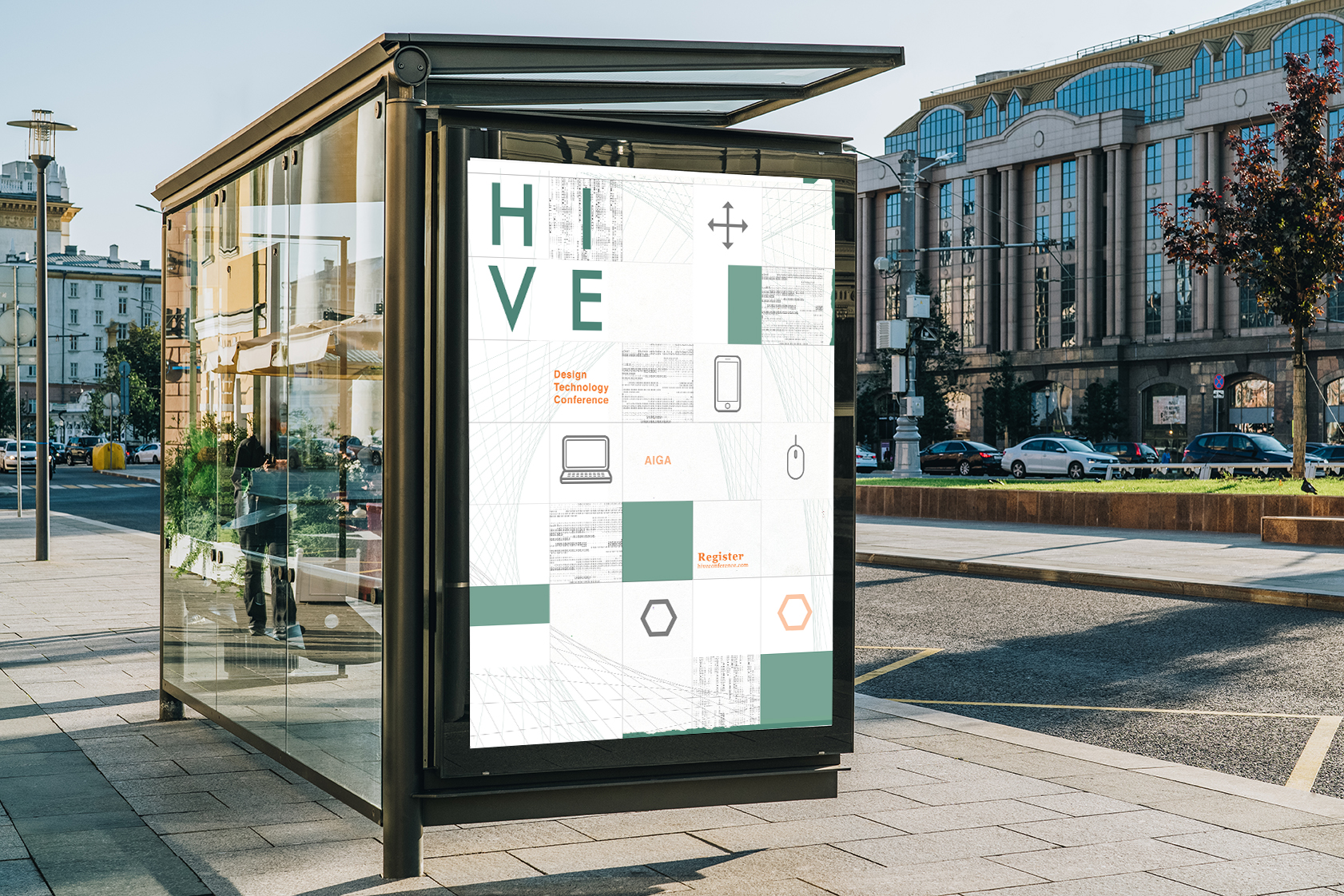Vertical blank billboard at bus stop on city street. In background buildings, road. Mock up. Poster next to roadway.